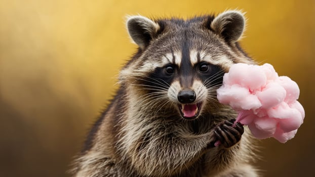 A raccoon joyfully holding a fluffy pink cotton candy treat. photo