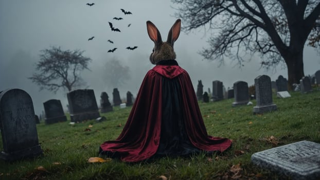 A surreal scene of a rabbit in a cloak, surrounded by gravestones in a foggy cemetery. photo