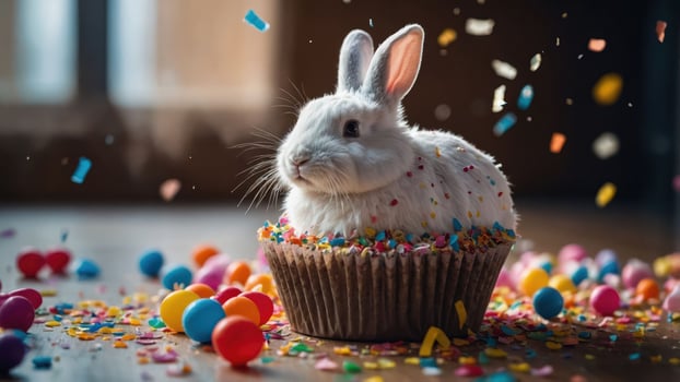 A cute rabbit sitting in a cupcake surrounded by colorful sprinkles and decorations. photo