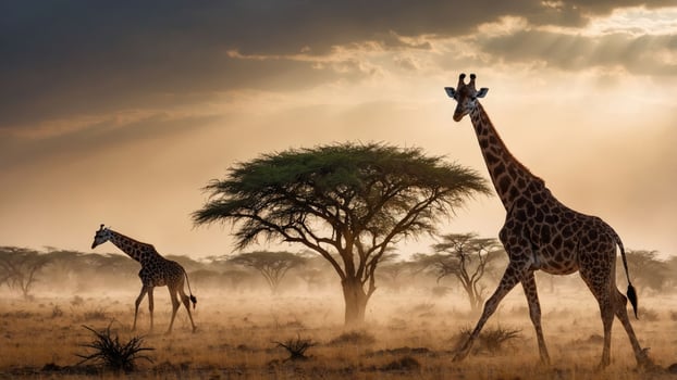 Two giraffes walking through a misty savanna at sunset, surrounded by acacia trees. photo