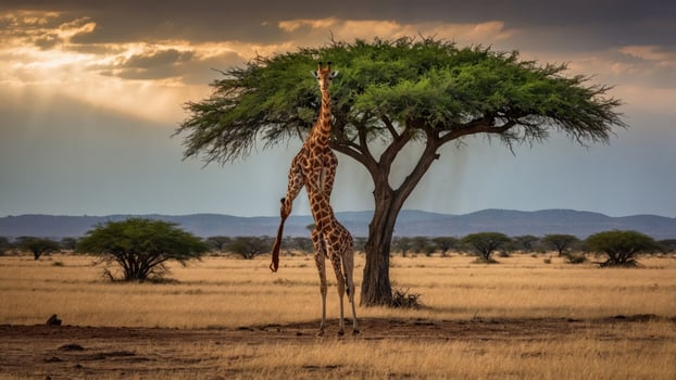 A giraffe reaching for leaves on a tree in a serene savanna landscape at sunset. photo