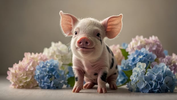 A cute piglet surrounded by colorful flowers, evoking a sense of joy and innocence. photo