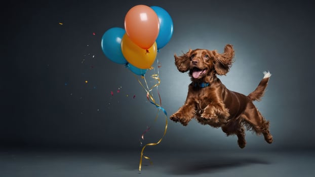 A joyful dog leaps with colorful balloons, capturing a festive and playful moment. photo