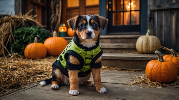 A cute dog in a Halloween costume sits among pumpkins on a porch. photo