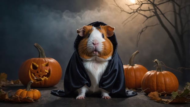 A guinea pig dressed in a black cloak sits among pumpkins in a spooky Halloween setting. photo