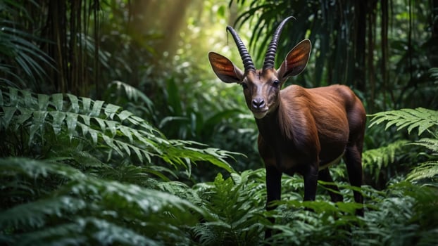 A graceful antelope stands amidst lush green foliage in a vibrant jungle setting. photo