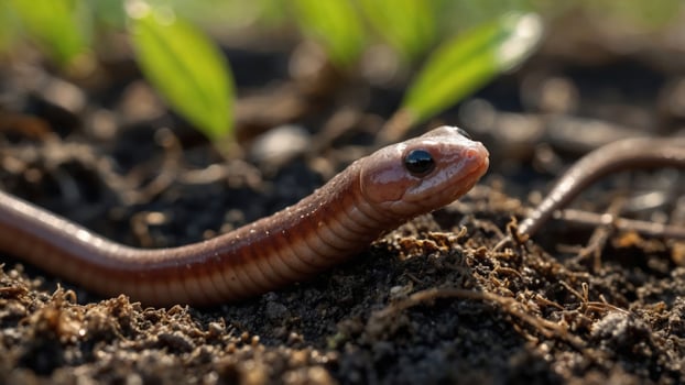A close-up of a slender, brown snake-like creature on the soil among green plants. photo