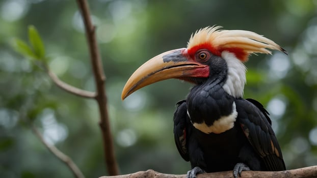 A close-up of a colorful hornbill perched on a branch in a natural setting. photo