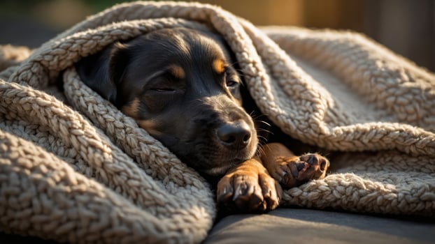 A cozy dog resting under a warm blanket, exuding comfort and tranquility. photo