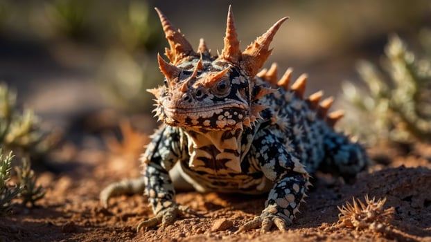 A close-up of a spiky lizard on sandy terrain, showcasing its unique features and habitat. photo