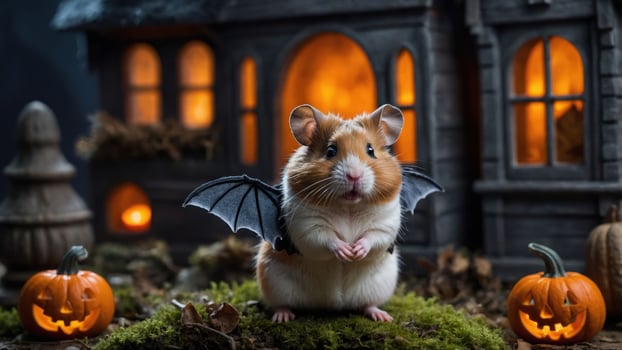 A cute hamster dressed as a bat in a Halloween-themed setting with pumpkins and a spooky house. photo
