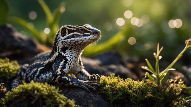 A close-up of a lizard resting on moss, surrounded by natural greenery and soft light. photo