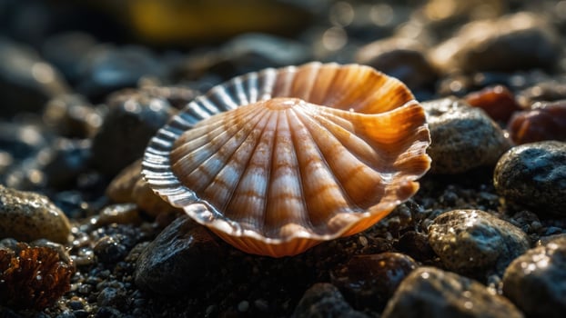 A close-up of a scallop shell resting on pebbles by the shore, showcasing natural beauty. photo