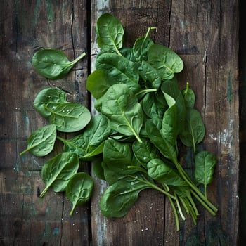 A high-resolution photo of fresh spinach leaves on a wooden surface