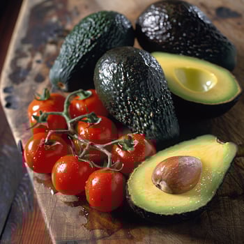 A detailed photo of ripe avocados and cherry tomatoes on a cutting board