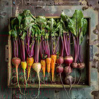 A stunning photo of freshly harvested root vegetables like beets and carrots