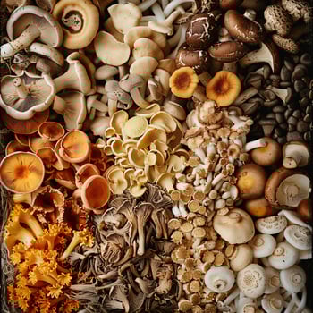 A beautiful photo of an assortment of mushrooms, including shiitake and button mushrooms