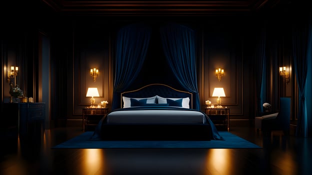 A dark bedroom with blue curtains and a bed photo