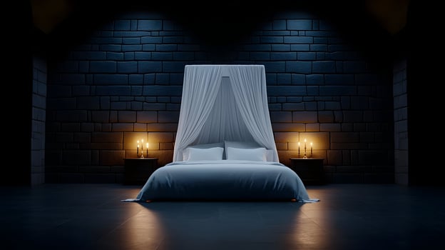 A bed with a canopy and candles in a dark room photo
