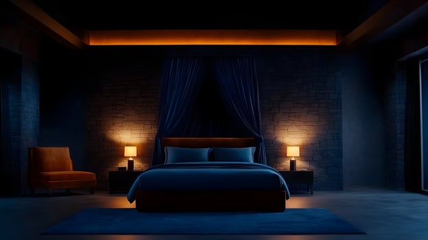 A dark bedroom with a bed and a lamp photo