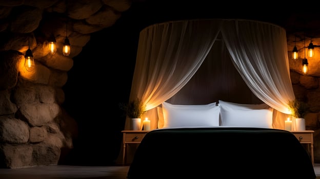 A bed with a canopy and candles in a cave photo