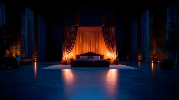 A bed with a canopy and two lamps in the dark photo
