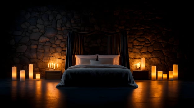 A bed with candles and a canopy in front of a stone wall photo