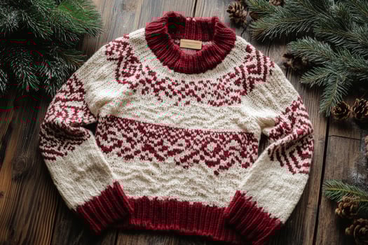 Knitted sweater with red and white stripes is sitting on a wooden table photo