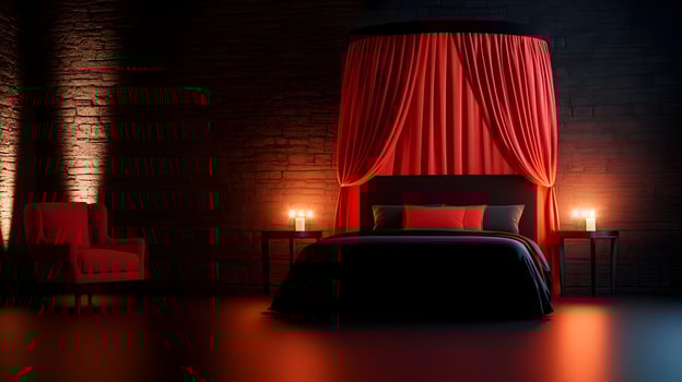 A red bed with a black canopy and red curtains photo