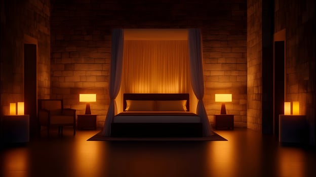 A bedroom with a bed and two lamps photo