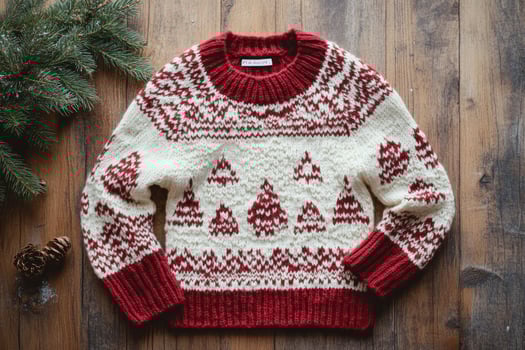 Red and white sweater with Christmas trees on it photo