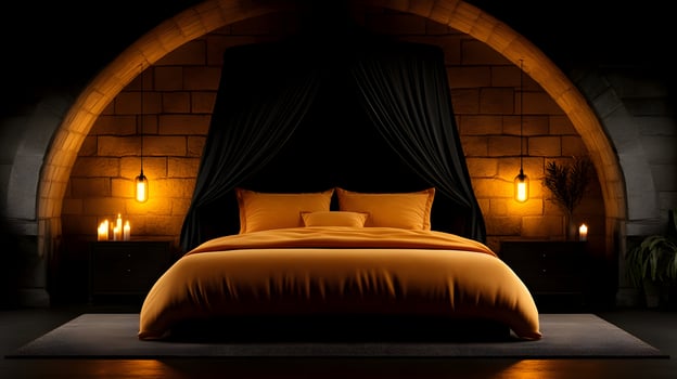 A bed with orange sheets and a black curtain photo