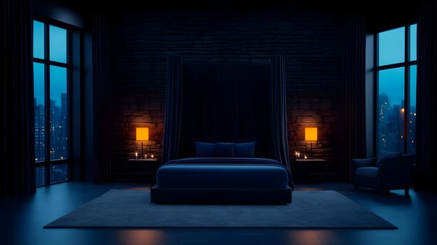 A dark bedroom with a bed and a window photo