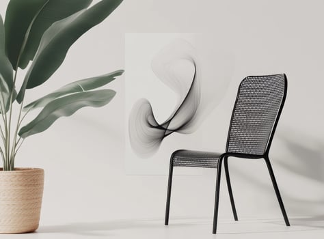 Black chair sits in front of a white wall with a black photo