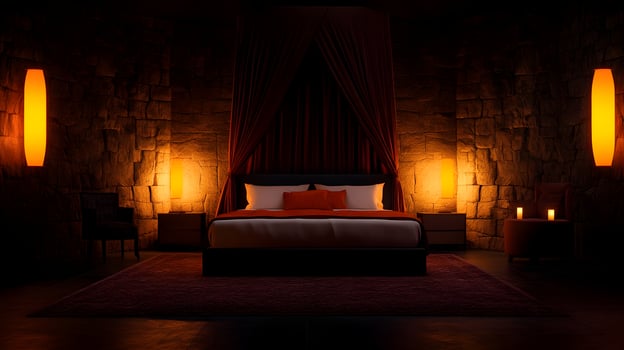 A bedroom with a bed and a nightstand photo