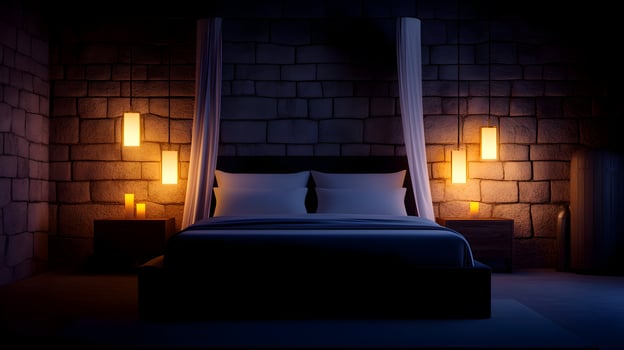 A bedroom with a bed and two lamps photo