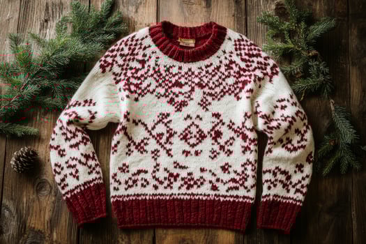 Knitted sweater with a red and white pattern sits on a wooden table photo
