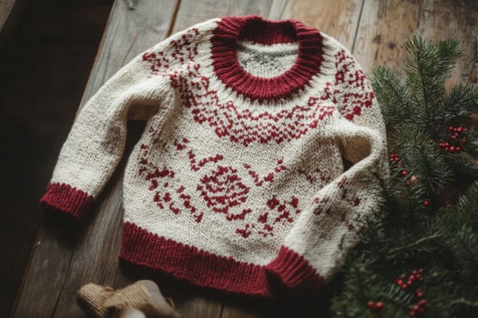 Knitted sweater with red and white stripes is sitting on a wooden table photo