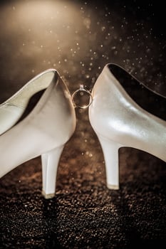 Two white shoes with a ring on the inside of the shoe photo