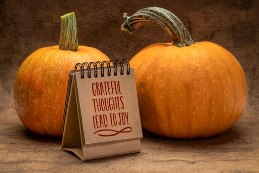Grateful thoughts lead to joy - handwriting in a desktop calendar with pumpkins, November and Thanksgiving season concept photo