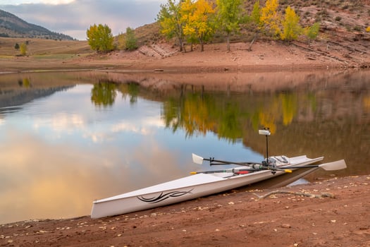rowing shell on shore of Horsetooth Reservoir in northern Colorado, October scenery photo