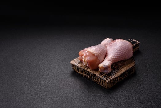 Raw chicken legs with salt, spices and herbs photo