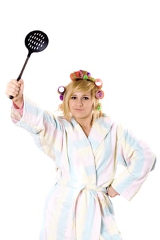 funny housewife with curlers and skimmer photo
