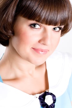 brunet woman in blue dress photo