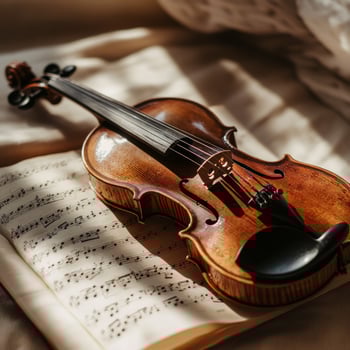 The violin lies on the music sheets photo