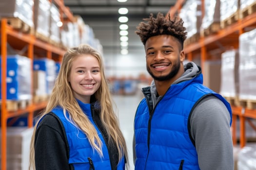 Two young friends posing with smiles in a warehouse during a bright day, showcasing their teamwork and camaraderie photo