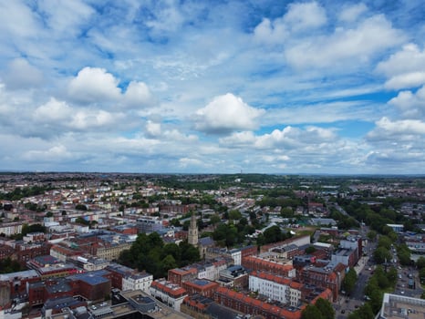 High Angle View of Buildings at Central Bristol City of Southwest of England, United Kingdom. The High Angle Footage Was Captured with Drone's Camera from High Altitude on May 26th, 2024. photo
