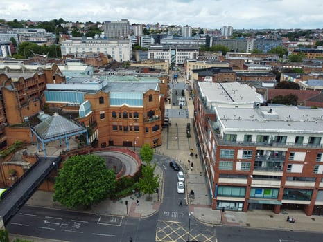 High Angle View of Buildings at Central Bristol City of Southwest of England, United Kingdom. The High Angle Footage Was Captured with Drone's Camera from High Altitude on May 26th, 2024. photo