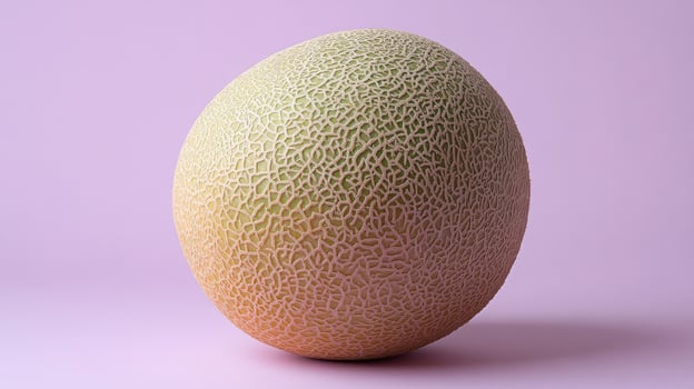 A Beautifully Arranged Whole Cantaloupe on a Soft Lavender Background Perfect for Food Blogs, Recipes, and Culinary Publications photo