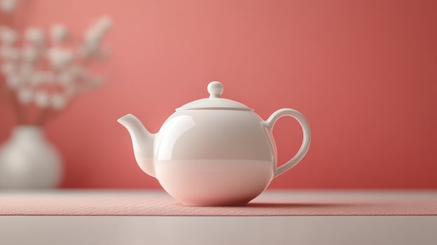 Elegant Simple White Ceramic Teapot Placed on a Pastel Coral Background, Perfect for Tea Enthusiasts and Home Decor photo
